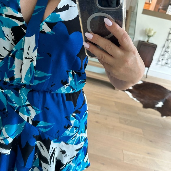 Parker multi blue, some black and white, ruffled dress with tie at the neck. - Picture 4 of 6